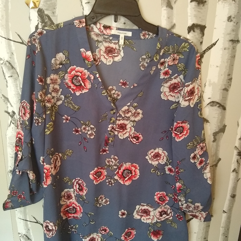 Maurices roll tab sleeve slate blue floral blouse